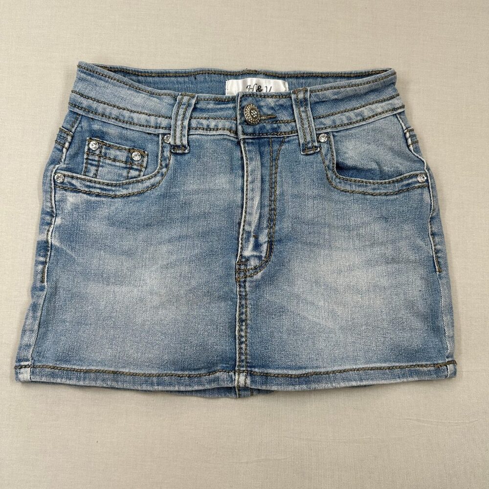 Y2K H&Y Light Blue Embroidered Denim Skirt Crystal Rivets Size 1/2